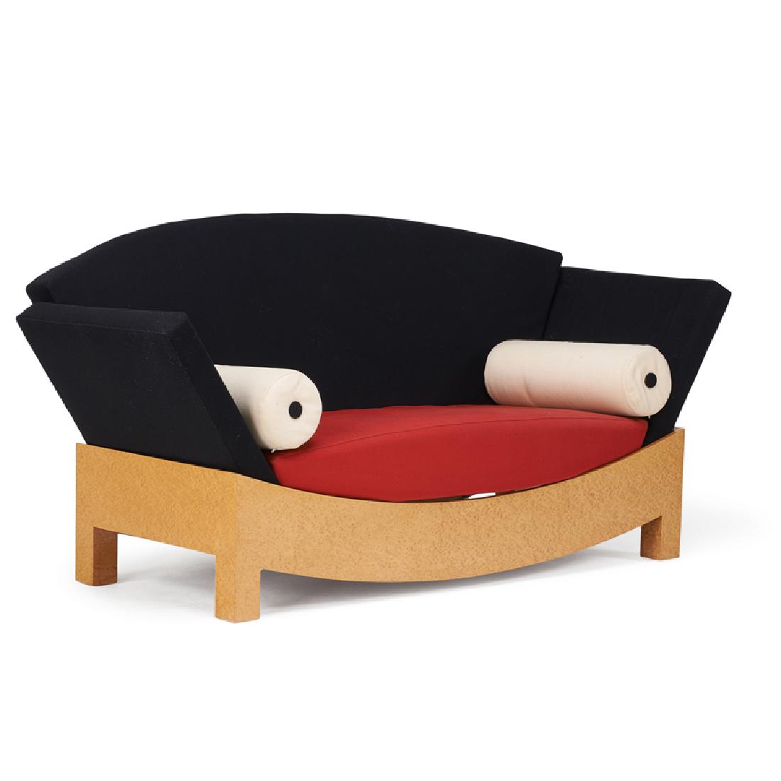 HANS HOLLEIN; POLTRONOVA "Mitzi" sofa: HANS HOLLEIN (1934 - 2014) POLTRONOVA "Mitzi" sofa, Italy, ca. 1981 Light burlwood, upholstery Unmarked 38" x 80" x 34"