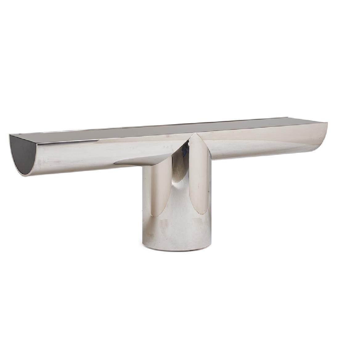J. WADE BEAM; BRUETON Tee console: J. WADE BEAM BRUETON Tee console, Freeport, NY, 1980s Stainless steel, reverse-painted glass Unmarked 29 1/2" x 72" x 15"