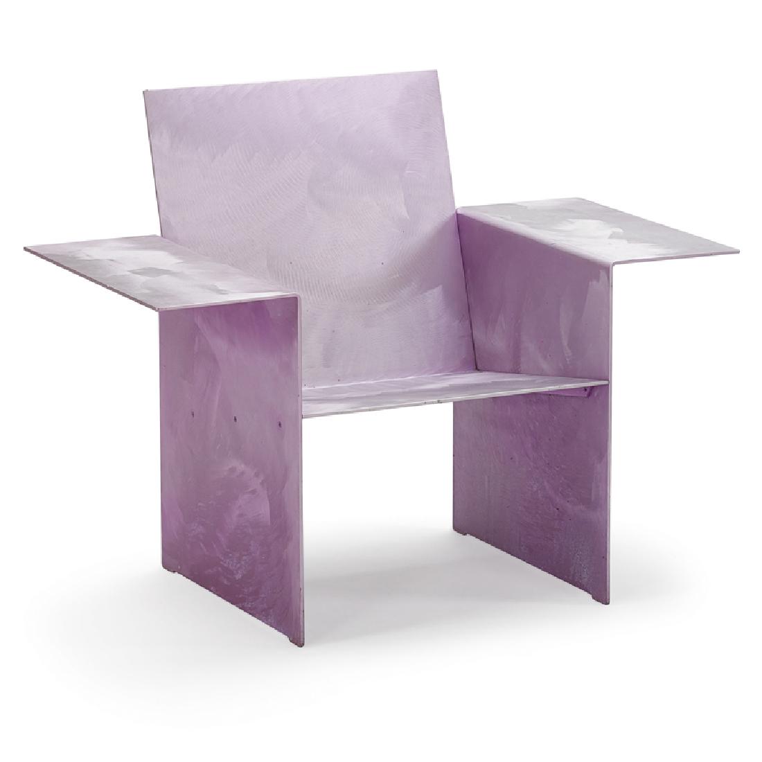 FORREST MYERS Cut Out easy chair: FORREST MYERS (b. 1941) Cut Out easy chair, USA, ca. 1971 Anodized aluminum Etched signature and copyright 42 1/2" x 33" x 25 1/2" Provenance: Art et Industrie, New York; The Art Institute of Chicago;