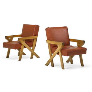 ALI TAYAR Pair of Pop Pub chairs: ALI TAYAR (b. 1959) Pair of chairs from Pop Pub, New York, 2011 Oak, leather Unmarked 32" x 23 1/2" x 28" Mark McDonald was one of the early champions of the Turkish-American architect Ali Tayar (1959