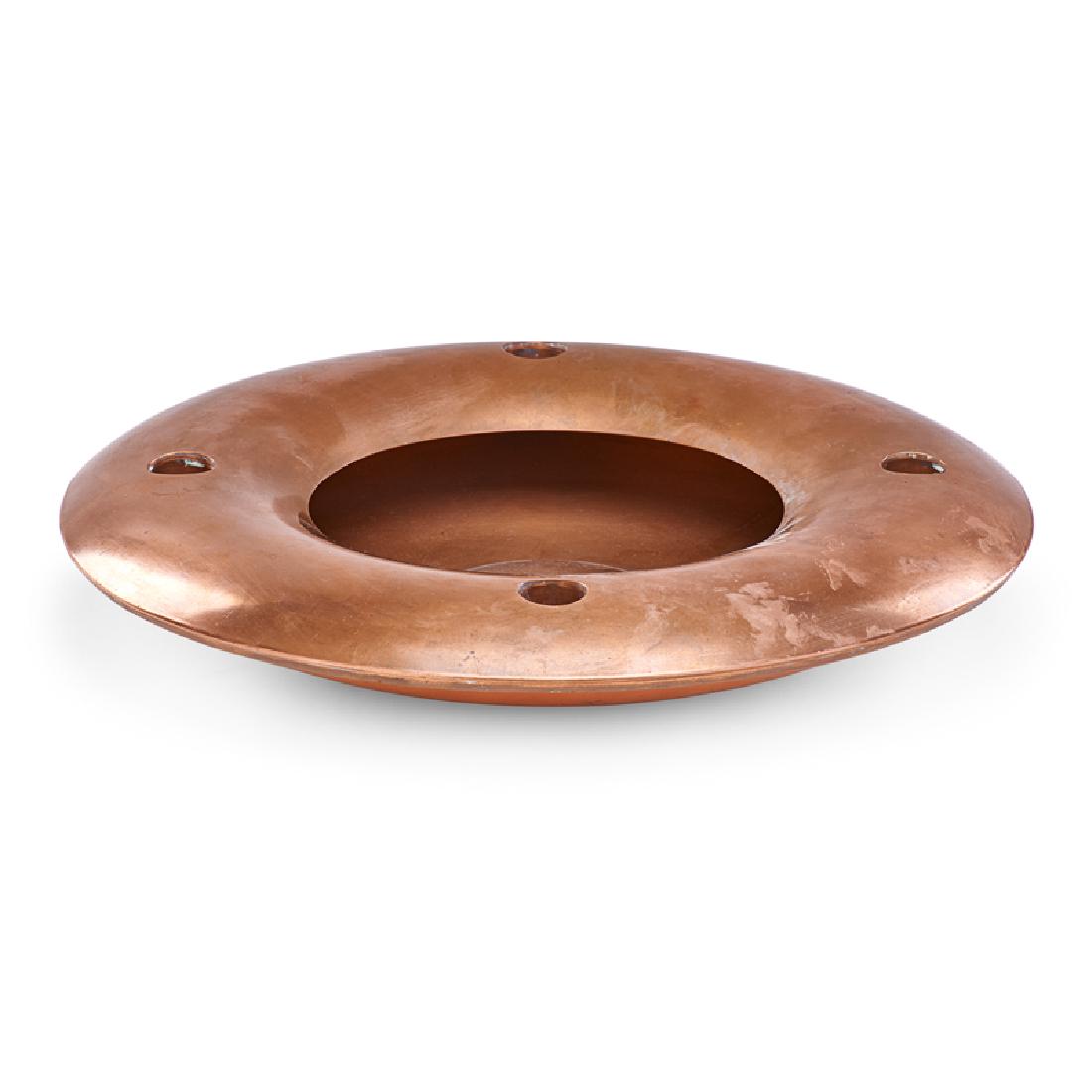 RUSSEL WRIGHT Centerpiece/candelabrum: RUSSEL WRIGHT (1904 - 1976) Centerpiece/candelabrum, USA, 1930s Copper Stamped RUSSEL WRIGHT 2 1/4" x 13 1/4"