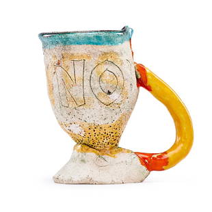 ROBERT ARNESON "No!" cup: ROBERT ARNESON (1930 - 1992) "No!" cup, California, ca. 1965 Glazed earthenware Signed 4 3/4" x 4 1/2" x 3 1/4" Provenance: Allan Stone Collection, New York Published: Robert Arneson: Playing Dirty,