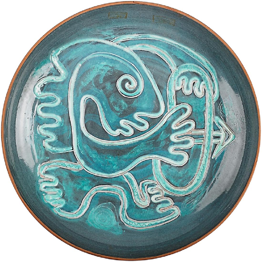 EDWIN AND MARY SCHEIER Charger: EDWIN SCHEIER (1910 - 2008) MARY SCHEIER (1908 - 2007) Charger with incised abstract figure Glazed earthenware Signed 2 1/2" x 16 1/2"