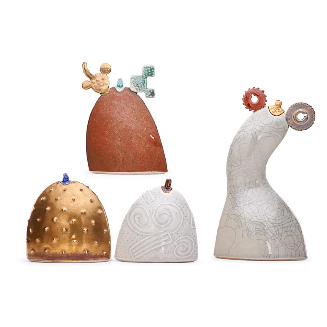 ADRIAN SAXE Four oil lamps: ADRIAN SAXE (b. 1943) Four oil lamps, Los Angeles, CA, 1978-83 Glazed and raku-fired porcelain All signed and dated Tallest: 8 1/4" x 4 1/2" x 2 1/2" Provenance (brown cactus): Garth Clark Gallery, Ne