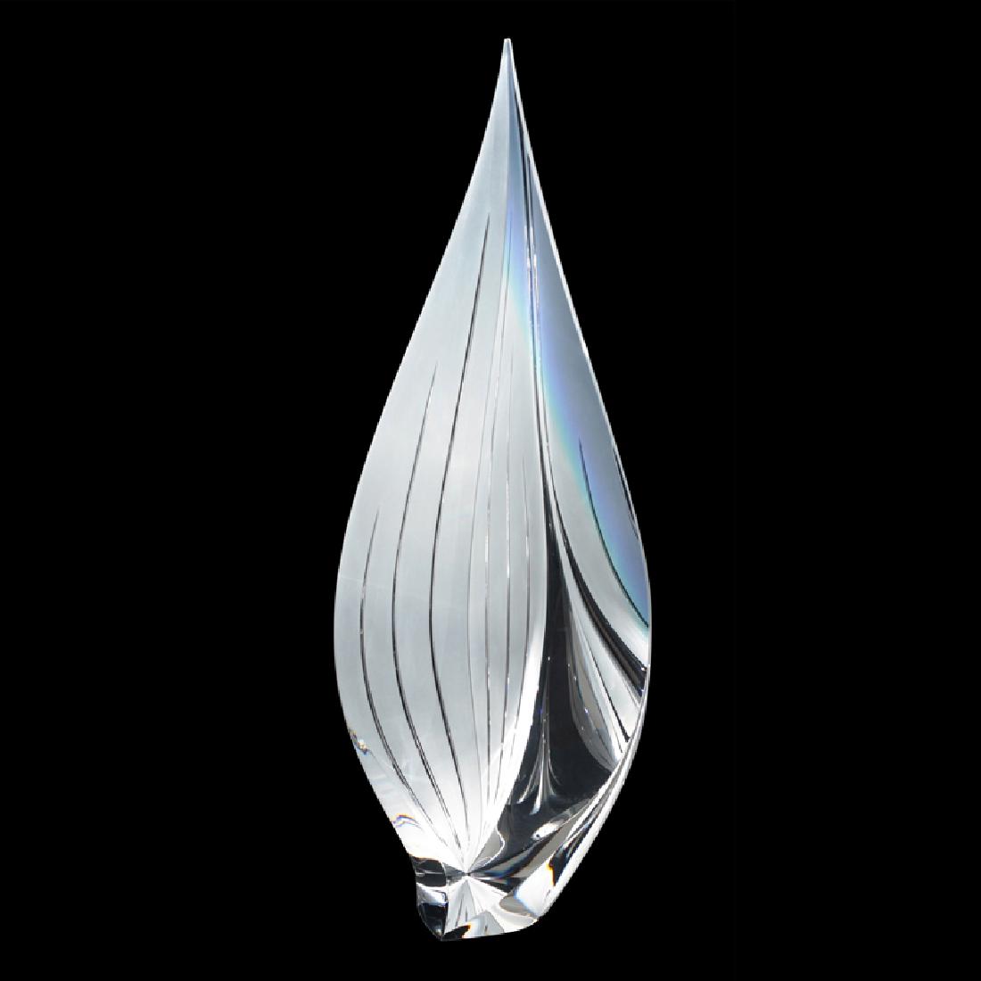 CHRISTOPHER RIES Tall glass sculpture: CHRISTOPHER RIES Tall sculpture, "Iris," Pennsylvania, 2001 Cut, ground, polished, and engraved optical crystal Signed, dated, and copyrighted 27 1/2" x 9 1/2" x 6 1/2"