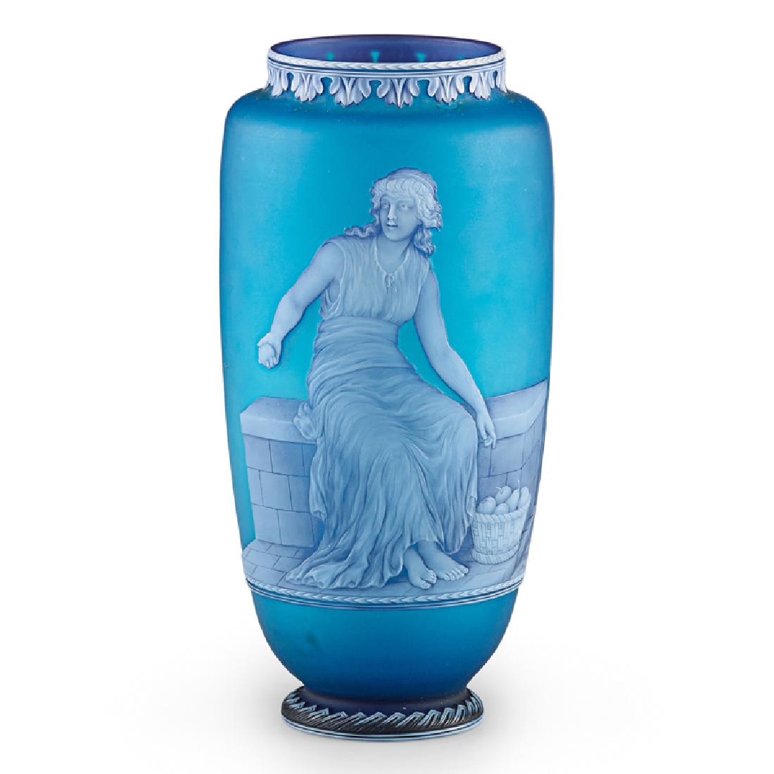 THOMAS WEBB & SONS GEM CAMEO GLASS VASE: Brilliant blue ground with white and amethyst overlay by George Woodall, England, late 19th c. Impressed mark on underside 8 1/4"