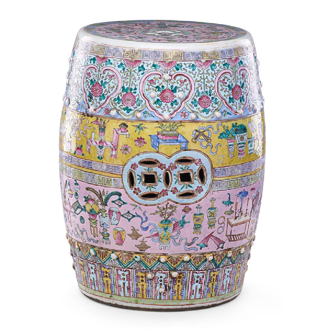 CHINESE PORCELAIN GARDEN STOOL: Famille rose decorated "100 Antiques" motif, China, late 19th c. 19" x 14" dia.