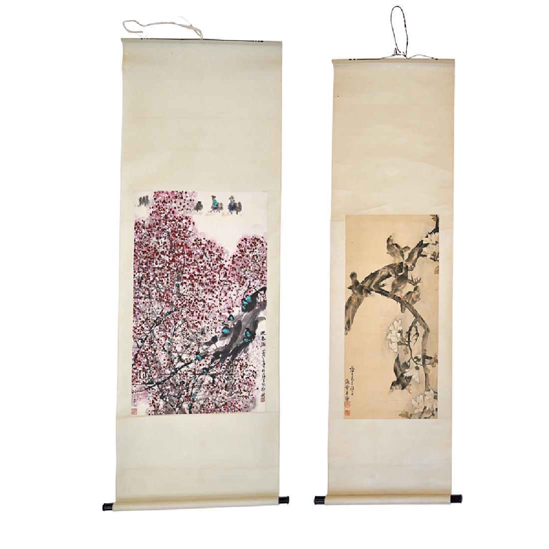CHINESE SCROLLS: Two: Each watercolor and ink on paper laid to linen scroll with wooden handles, 20th century "Mongolia" by Wang Zheng and "Cherry Blossoms" by Victor Hsu Yao Both signed "Cherry Blossoms": 38" x 24 1/