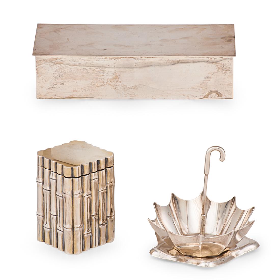 TIFFANY & CO STERLING SILVER HOME ACCESSORIES: Four: Elsa Peretti star dish, an umbrella dish, a bamboo box with gilt wash interior, and a "Classic" compartmented cedar lined box, USA, ca. 2003 10.6 OT (weighable) Provenance: Private Collection, P