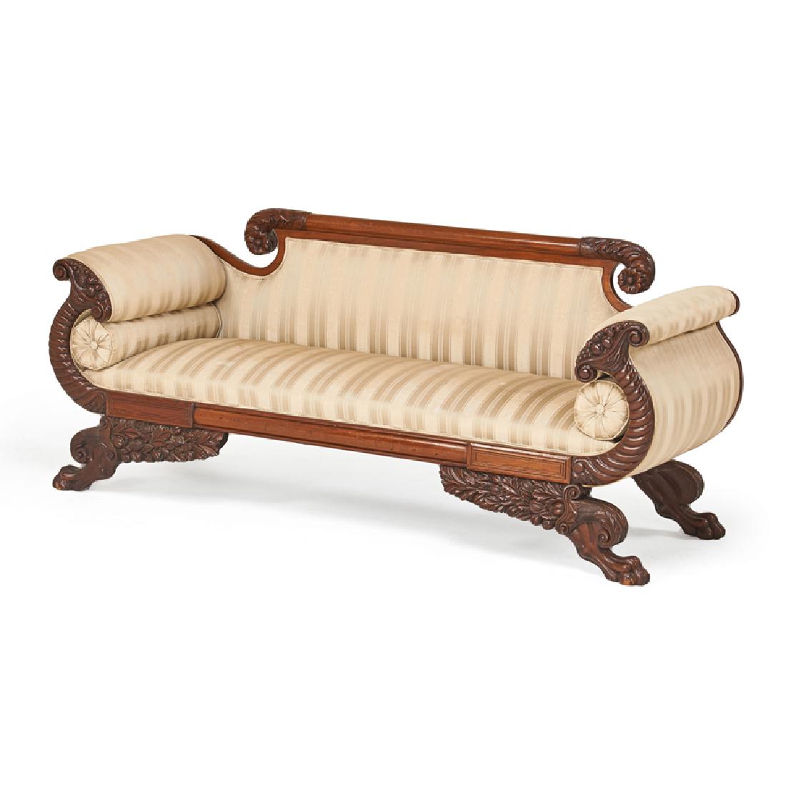 CLASSICAL MAHOGANY SETTEE: Carved with cornucopia form supports on paw feet, USA, mid 19th c. 32" x 74" x 26 1/2"