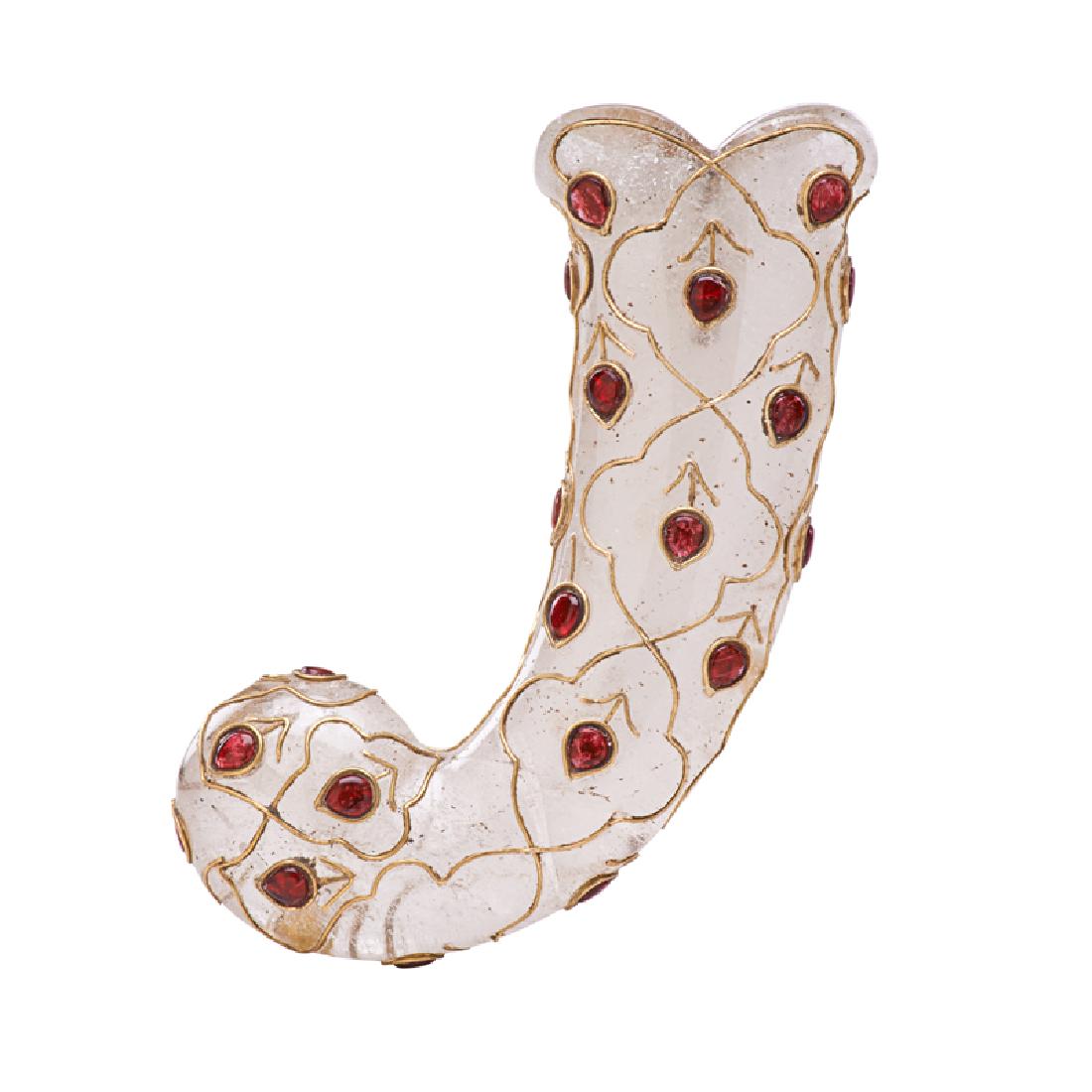 MUGHAL STYLE JEWELED ROCK CRYSTAL SHAMSHIR GRIP: Overlaid with gilt wire and red glass paste cabochons 5" x 3 1/2" x 1"