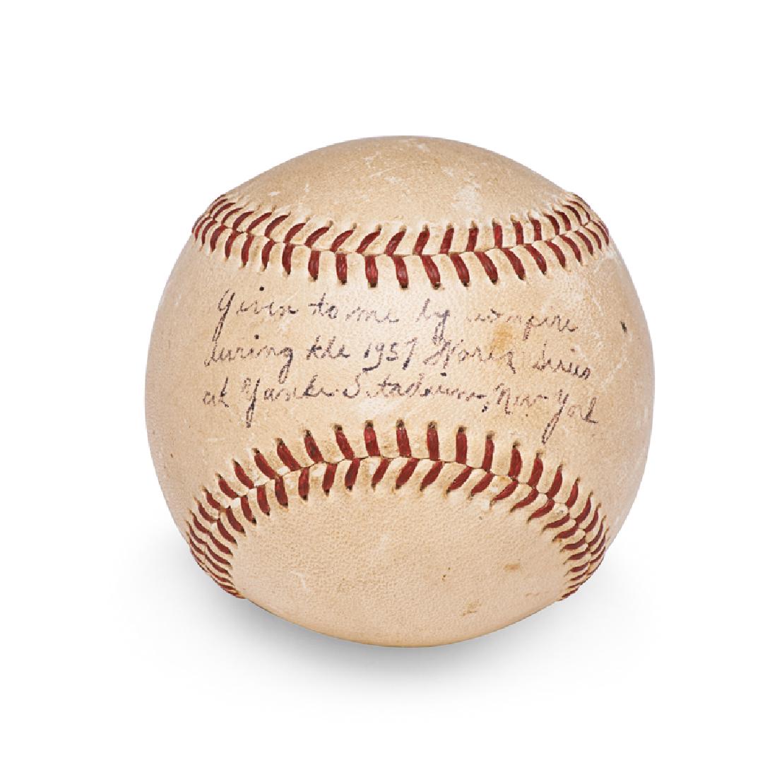 1956 WORLD SERIES GROUPING: Six: Program, unused scorecard, (3) used ticket stubs, and a baseball purportedly game-used from Don Larsonsâ€™ perfect game Accompanied by a letter from consignor stating how he came into posses