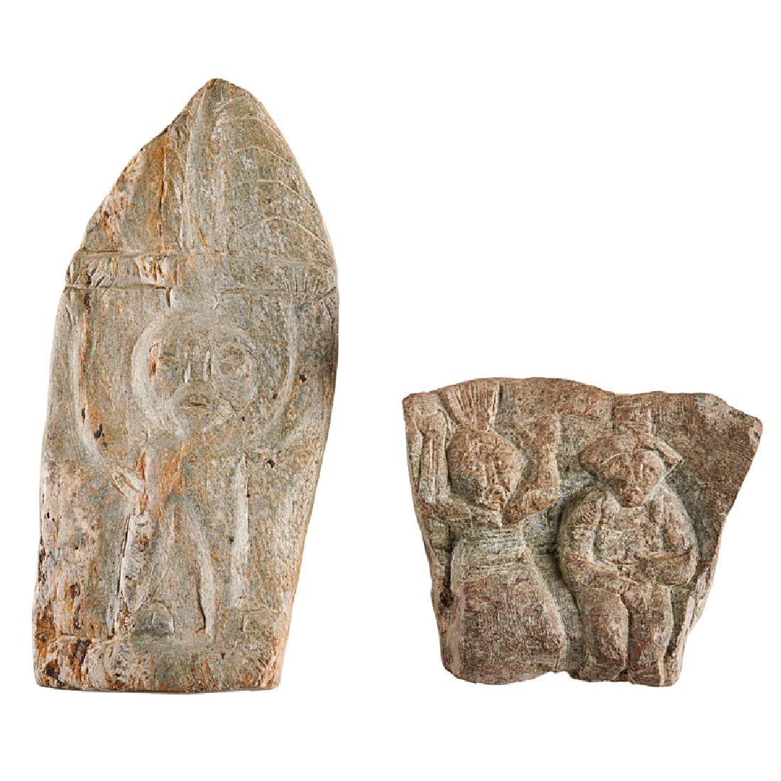 RAYMOND COINS (American, 1904-1998): Two: Untitled (Man on Cross) and Untitled (Man and Woman), late 20th c. Carved stone Man on Cross: 15" x 6" Provenance: Purchased from the artist