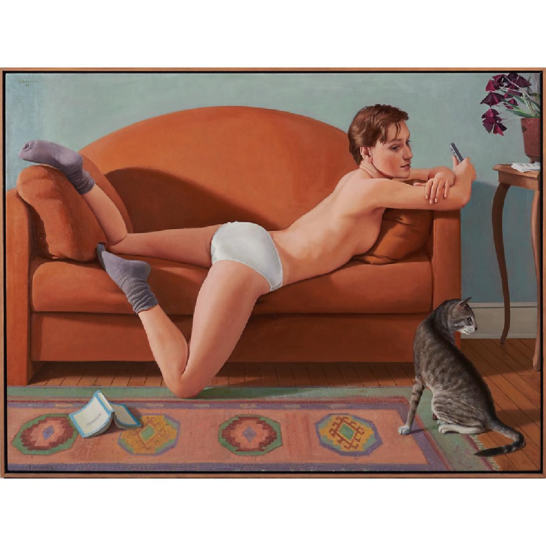 RON SCHWERIN (American, b. 1940): "Margaret with Cat", 1995 Oil on linen 40" x 54" Exhibition: Allan Stone Gallery, New York. Ron Schwerin, February 6 - March 15, 1997. Allan Stone Gallery, New York. Ron Schwerin: Paintings, January 1