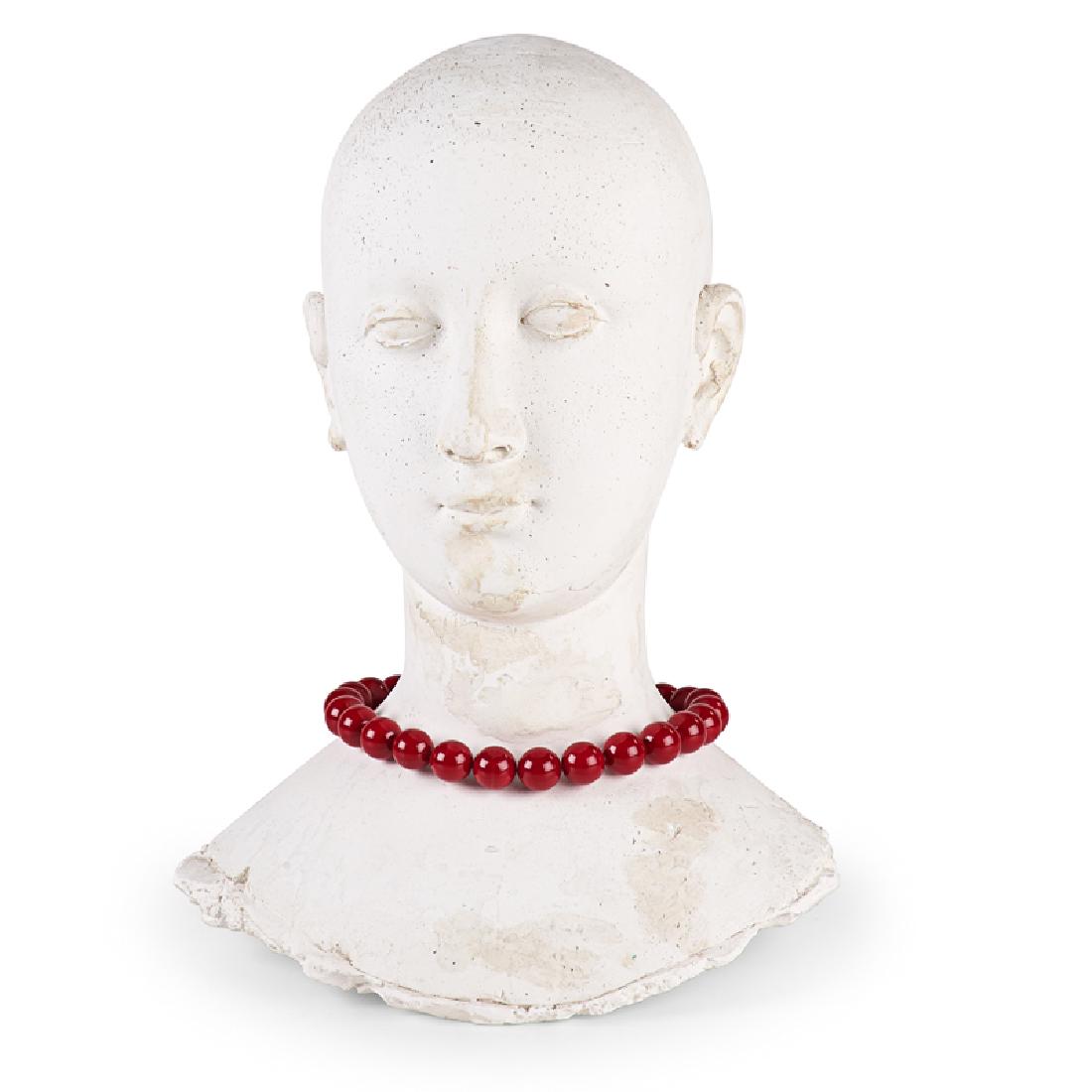 VARUJAN BOGHOSIAN (American, b. 1926): Cast plaster female head adorned with ground coral beads, 1996, signed with full name and dated, along with a lithograph of an original collage, 9/25, signed with initials VB Head: 13" x 10" x 7", Lit