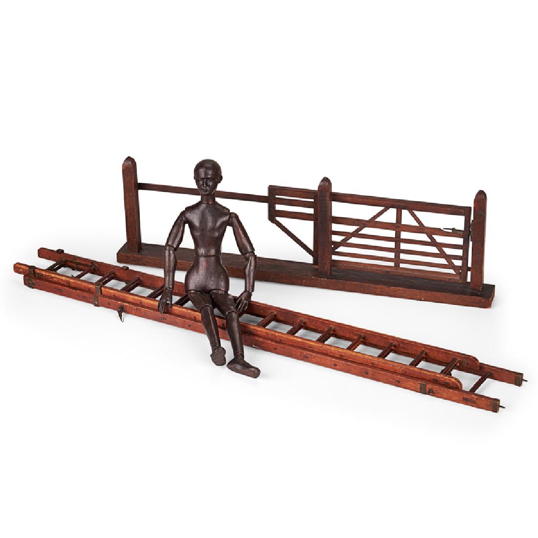 19TH C. ARTIST MANNEQUIN WITH SALESMAN SAMPLES: Mannequin, France, ca. 1880, with pinewood salesman samples of an extension ladder and gate Mannequin: 15" Artists' models, the articulated figures found among the stocks of art supply merchants, date