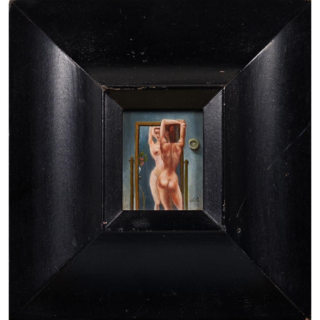 AARON BOHROD (American, 1907 - 1992): Untitled (Nude), 1955 Oil on panel Signed with initials "AB" lower right and inscribed, signed and dated verso 3” x 2 1/2 (unframed)”, 8 3/4” x 8 1/4” (framed) Aaron Bohrod was a noted realist