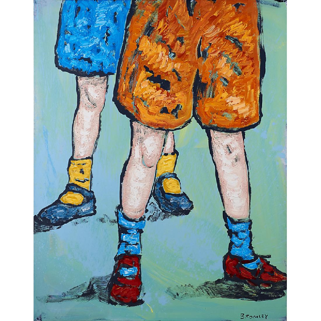 DAVID BROMLEY (English/Australian, b. 1960): Untitled (Boys in Short Trousers), ca. 2000 Oil on canvas Signed 60" x 48" David Bromley immigrated with his family as a child to Australia where he still lives. Self-taught, he began his artistic car