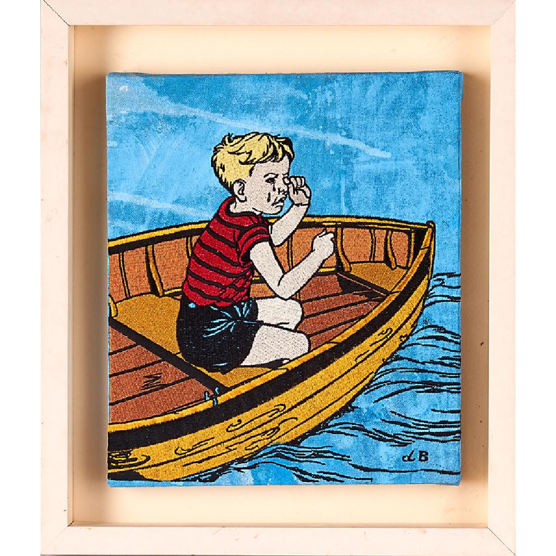 DAVID BROMLEY (English/Australian, b. 1960): Two: Crying Boy in Boat (finely detailed) and "Girl in Boat", ca. 1990 Embroidery on painted canvas Signed Boy: 11" x 9 1/2" (image), 15" x 13" x 2" (framed), Girl: 8" x 12" (image), 14" x 16" x 1 1/2
