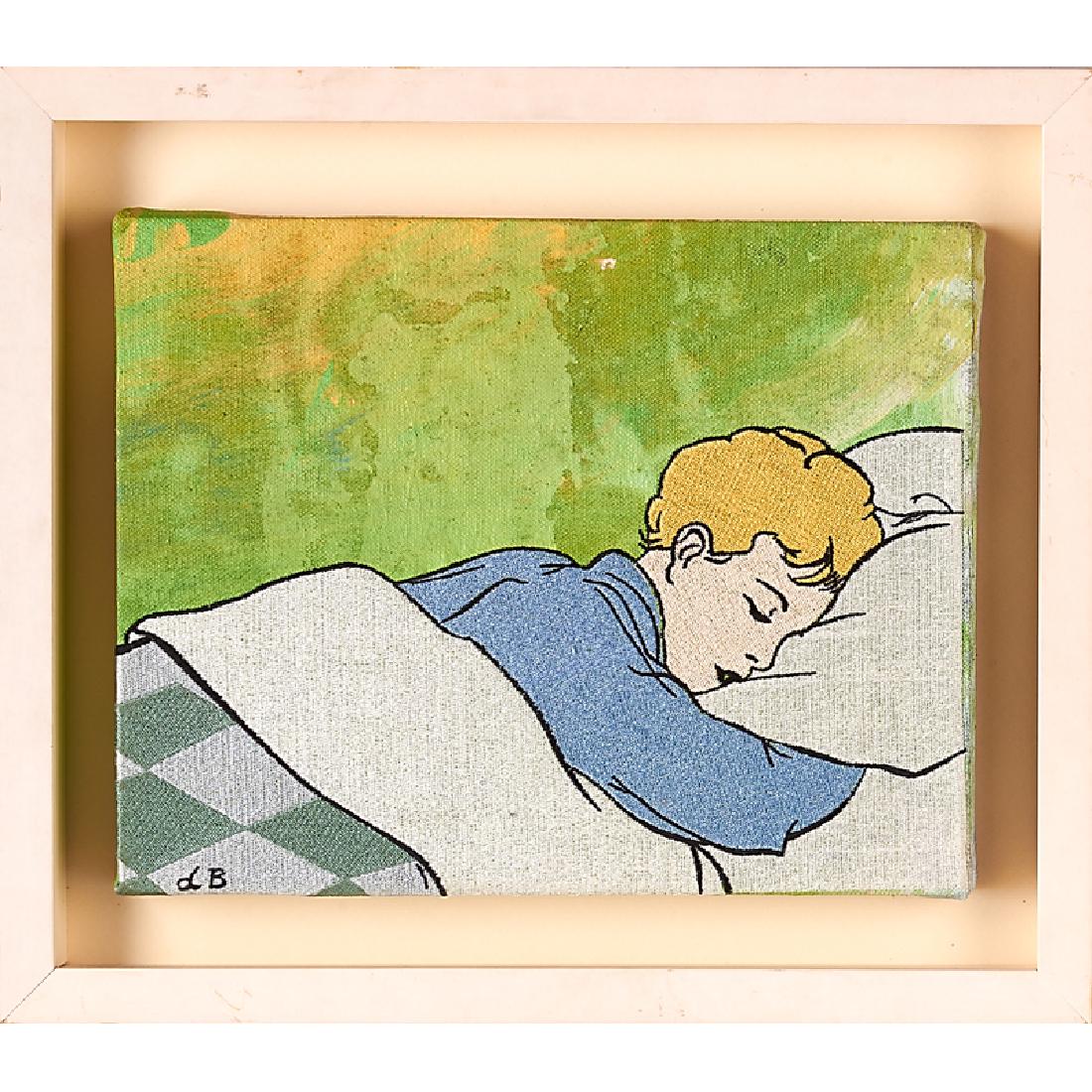 DAVID BROMLEY (English/Australian, b. 1960): Two: "Sleeping Boy" and "Sand Pail", ca. 1990 Embroidery on painted canvas Both signed, "Sand Pail" inscribed with name and 5/24 verso Boy: 11 1/2" x 9" (image), 15" x 13" x 2" (framed), Pail: 12 1/2"