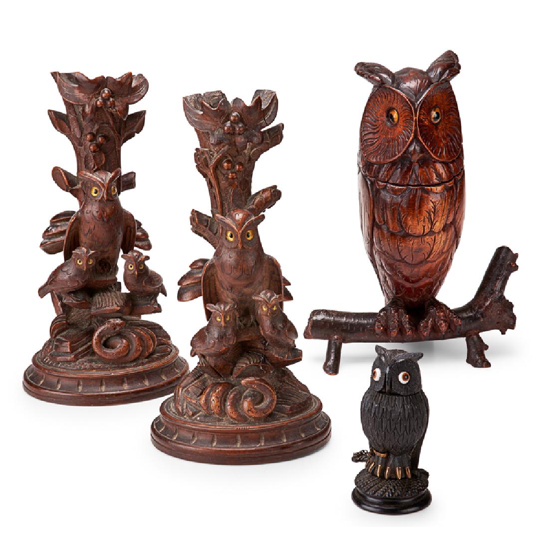COLLECTION OF BLACK FOREST OWLS: Pair of candlesticks, a tobacco box, and inkwell, each finely carved with glass eyes, Germany, ca. 1880 Tobacco box: 11 1/2"
