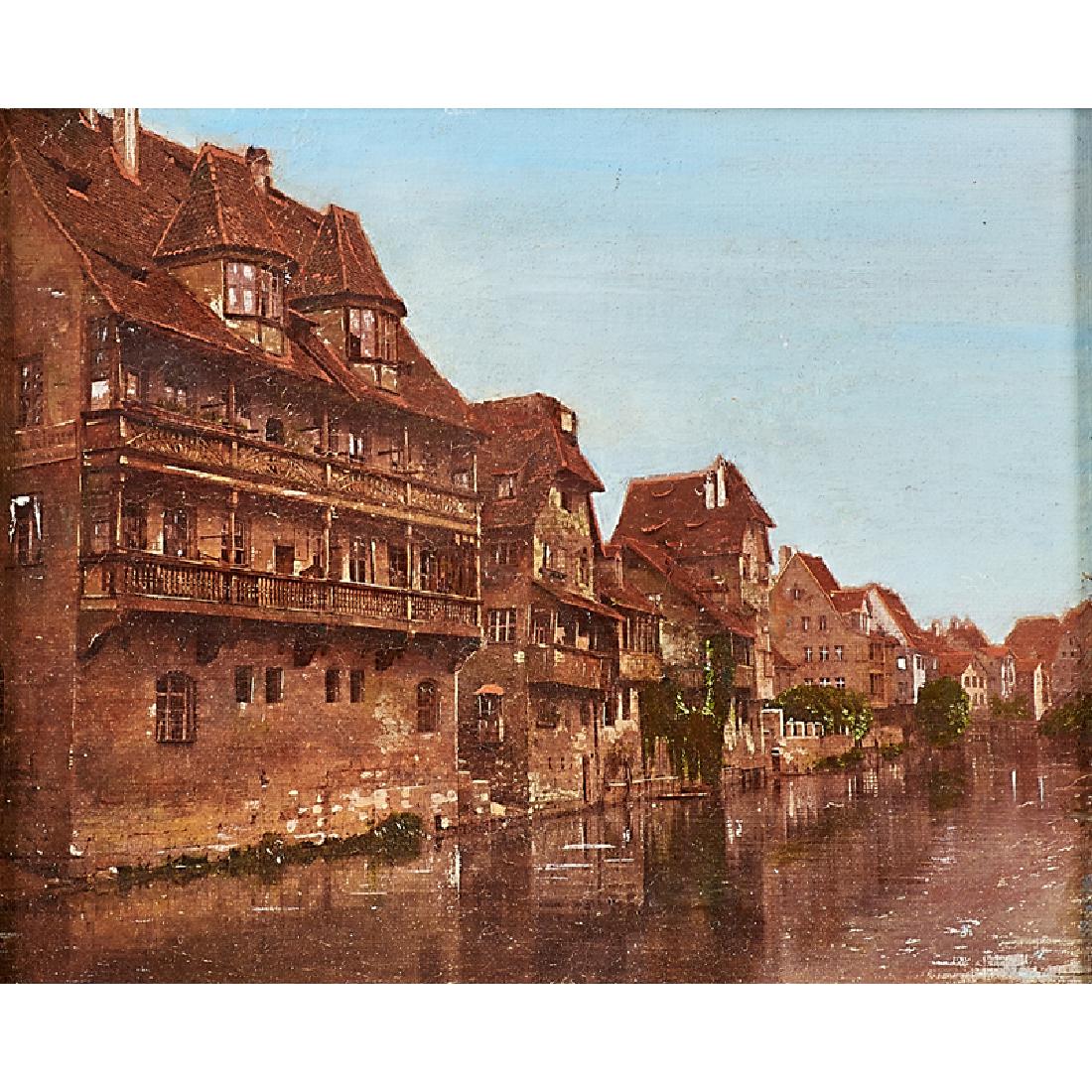 Charles Caryl Coleman (American, 1840-1928): Houses Along the Canal; Oil on canvas (framed); 8 1/2" x 10 1/4"; Provenance: Private Collection, Pennsylvania