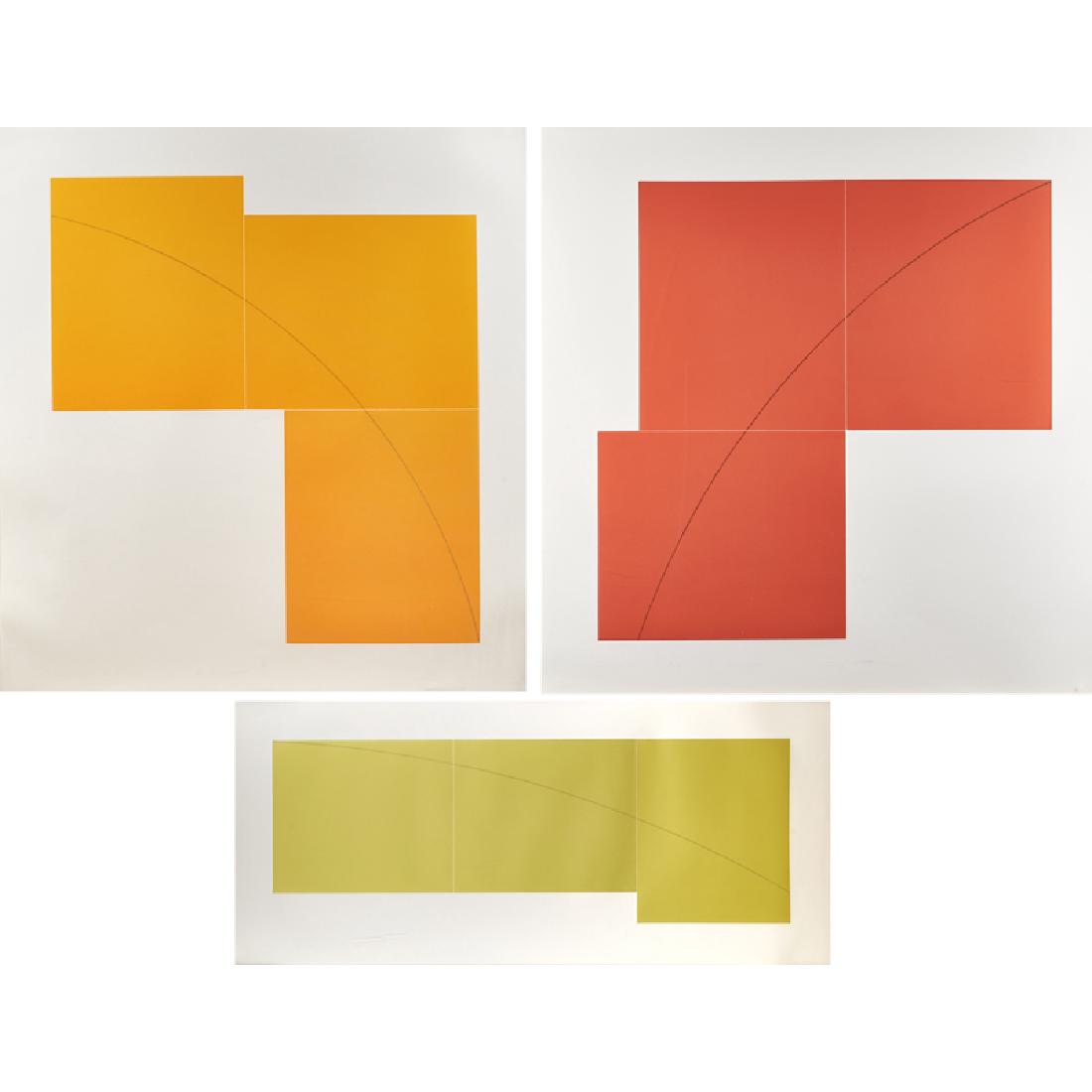 Robert Mangold (American, b. 1937): Three Aquatints (Yellow, Orange and Red), 1979; Three aquatints in colors (framed separately); Each signed, titled and numbered 18/50; Yellow: 17 3/4" x 50 3/8" (sheet,irregular); Orange: 43" x 40 1/2