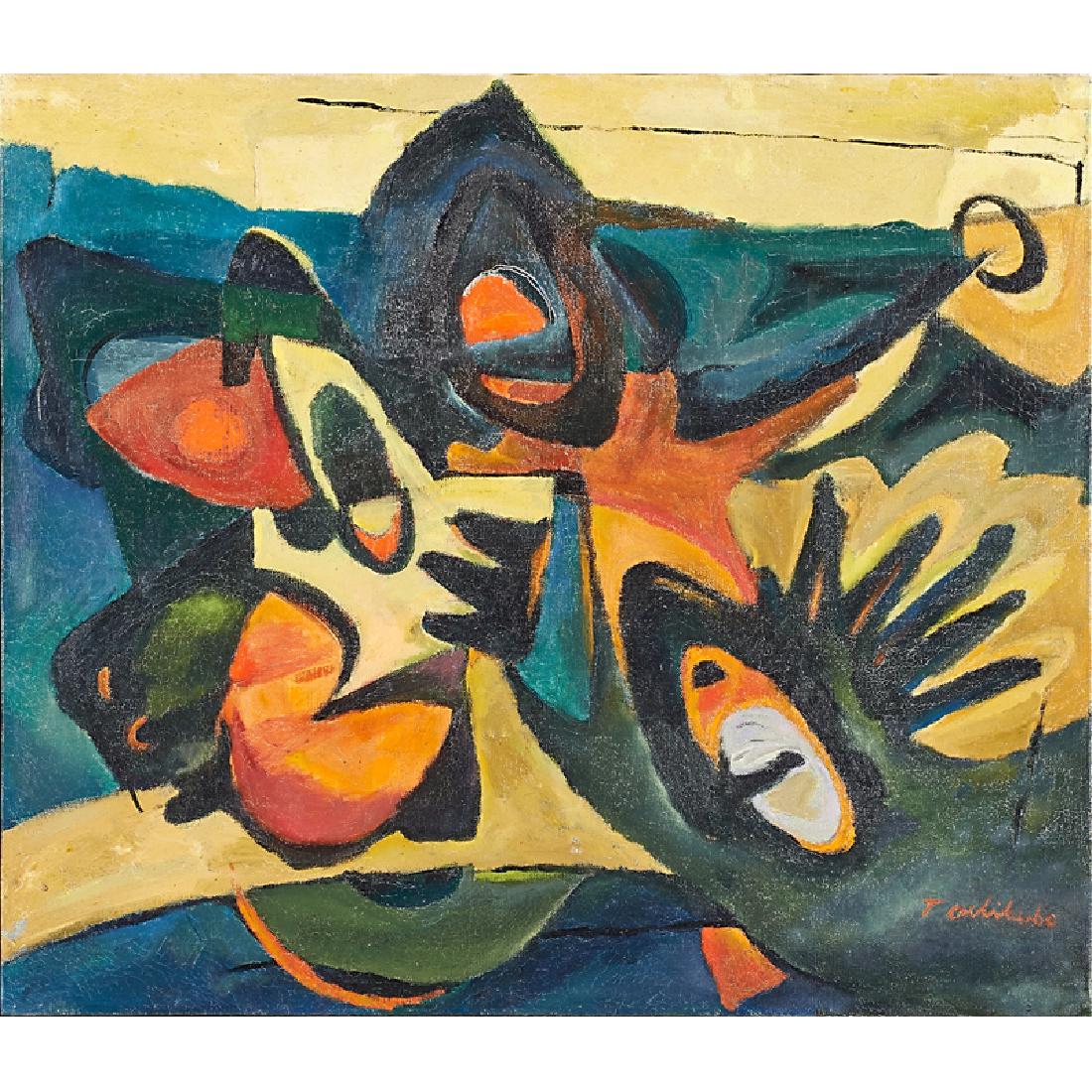 Tetsuo Ochikubo (Japanese/American, 1923-1975): Untitled; Oil on canvas (framed); Signed; 17 3/4" x 20 1/2"; Provenance: Cedar Street Galleries, Honolulu (label on verso); Private Collection, New York