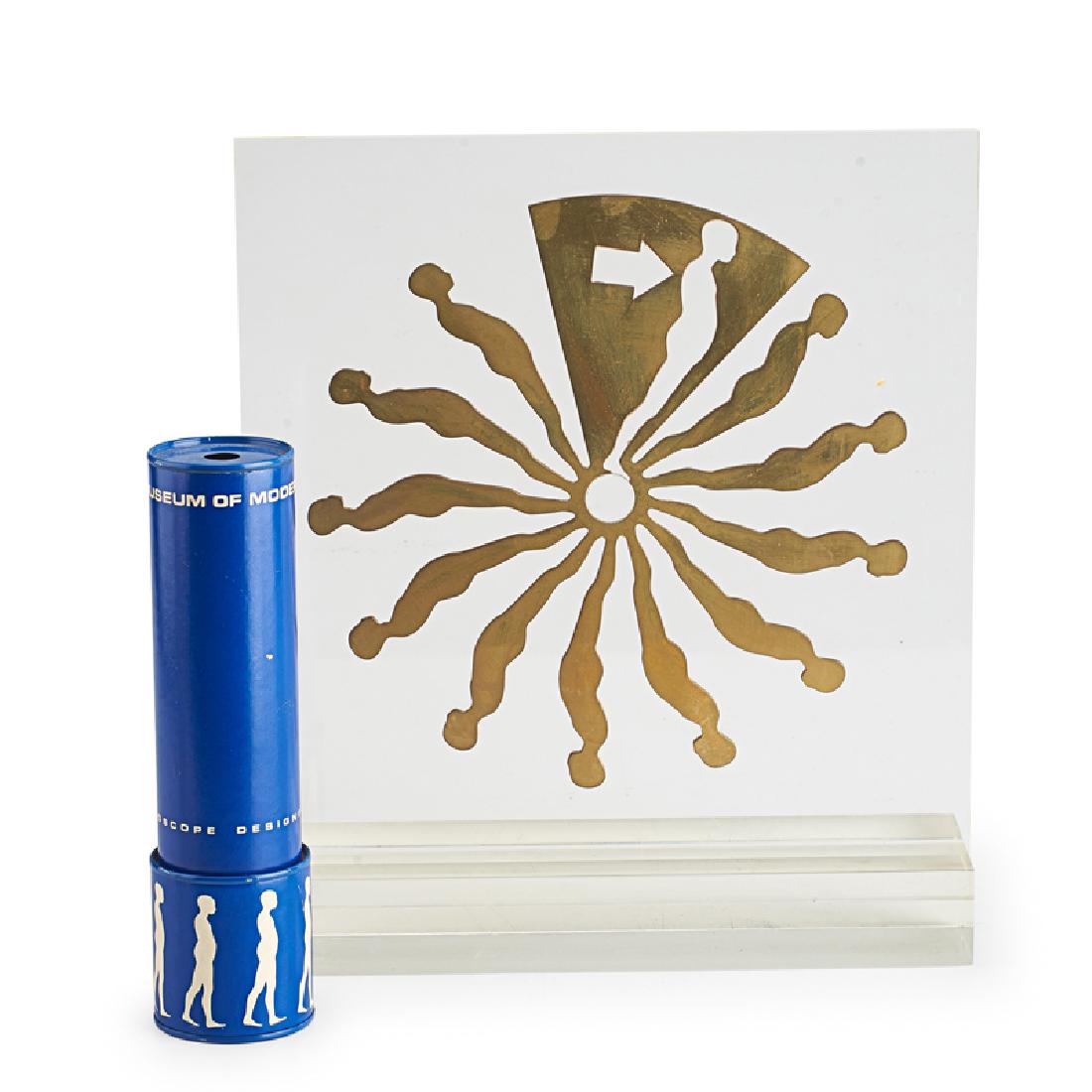 Ernest Tino Trova (American, 1927-2009): Three works of art: Falling Man (Suspended Relief), 1969; Polished brass dial on Plexiglas; Monogrammed and numbered 53/175; 11 3/4" x 11"; Falling Man, 1966; Kaleidoscope; 8 1/2" tall; Made for the M