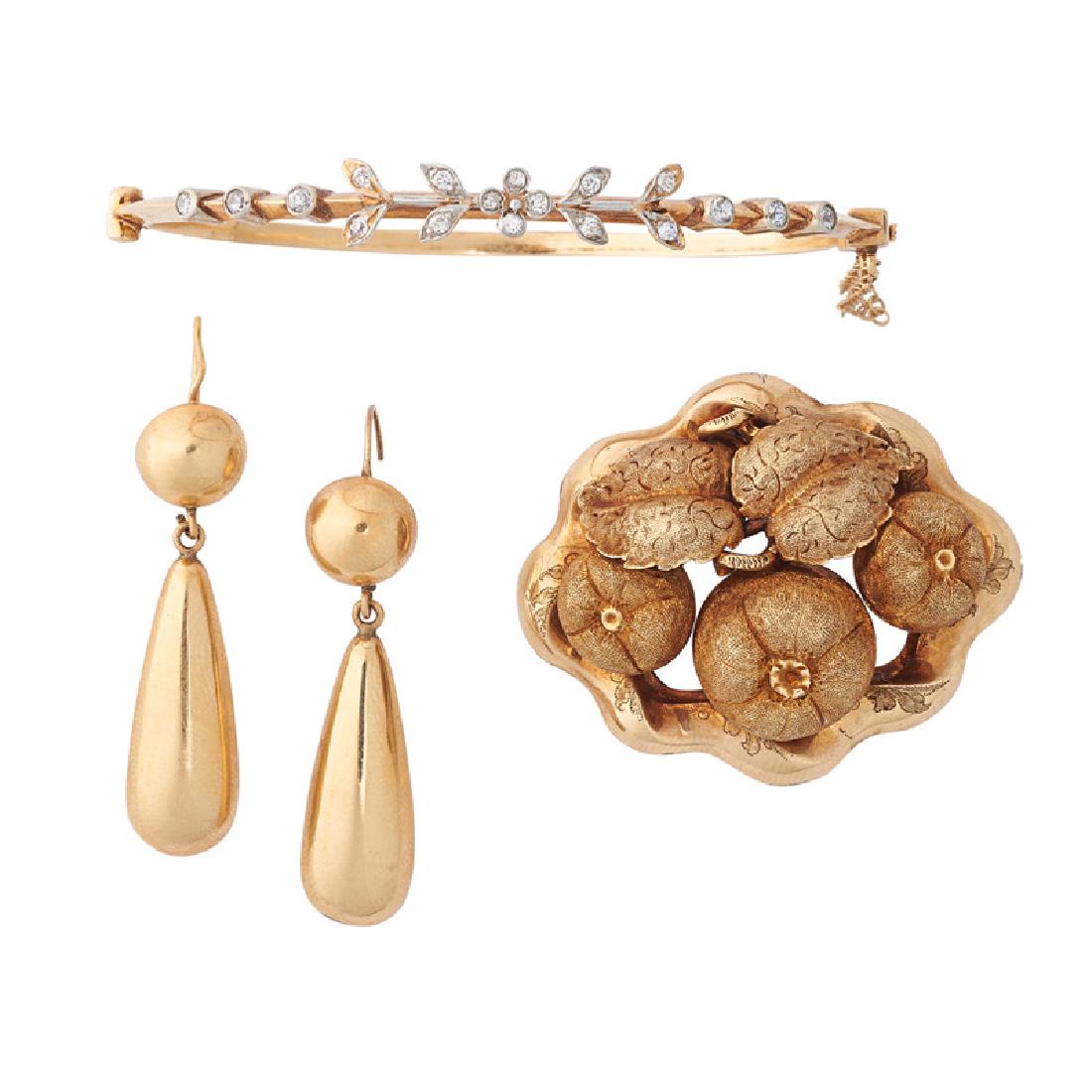 LATE 19TH & 20TH C. GOLD JEWELRY: A collection of four pieces includes: An Edwardian garland style hinged bracelet with diamonds; A fruit foliate motif engraved brooch, 19th c.; Drop earrings, 20th c. 14k. Internal dimensions 2 1/4" x