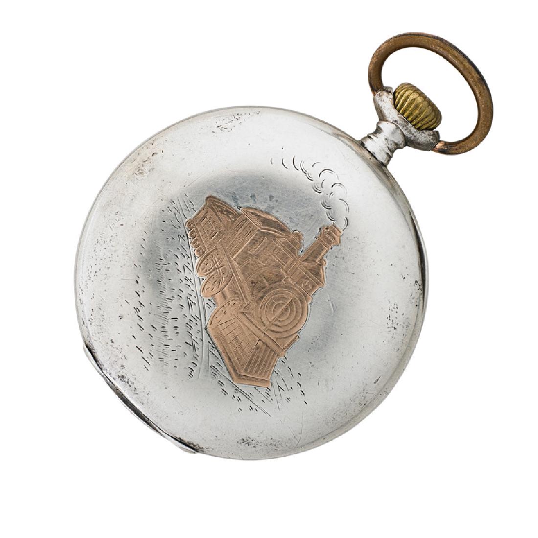 OMEGA MIXED METAL SILVER POCKET WATCH: The open-face silver watch with inlaid and chased gold locomotive decoration, white fancy Arabic porcelain sunk dial with sub seconds, stem wind and set. 800 silver. Cuvette engraved for Grand Prix, P