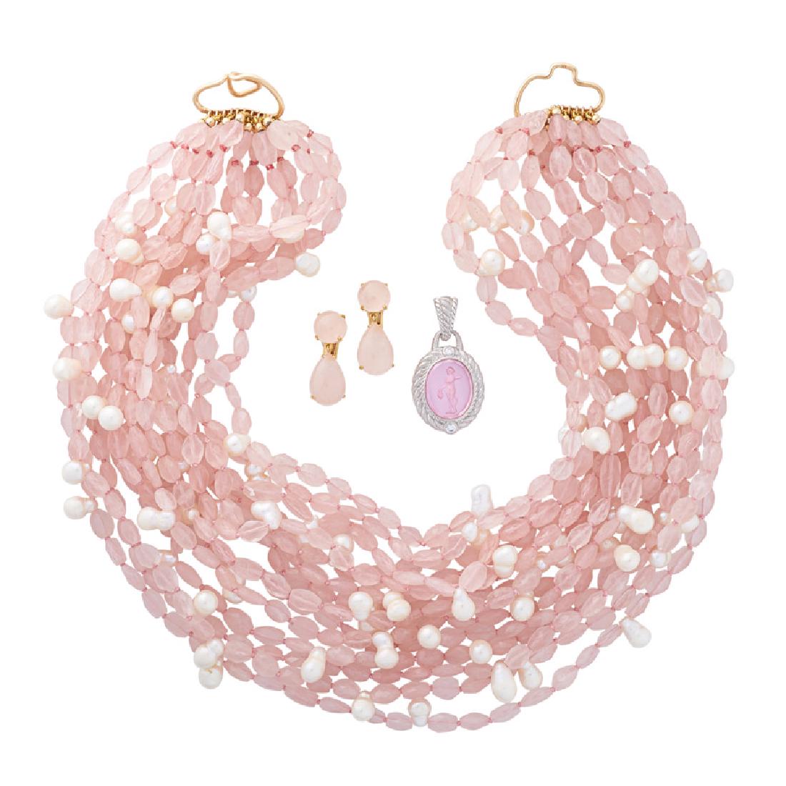 ROSE QUARTZ OR GLASS JEWELRY, INCL. JUDITH RIPKA: Comprising a faceted rose quartz bead and freshwater pearl torsade necklace; A pair of rose quartz cabochon drop earrings; A Judith Ripka reverse carved pink glass cameo in RBC cubic zirconia set ster