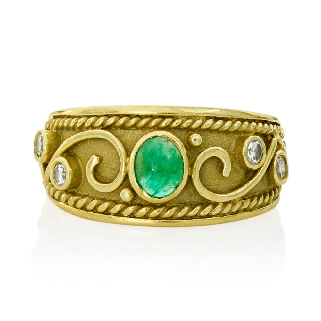 EMERALD, DIAMOND & YELLOW GOLD RING: An oval emerald cabochon between applied bright gold scrolls and RBC diamonds, on brushed tapered band with roped edges. 18k. Size 4 1/4. 4.1 dwt.