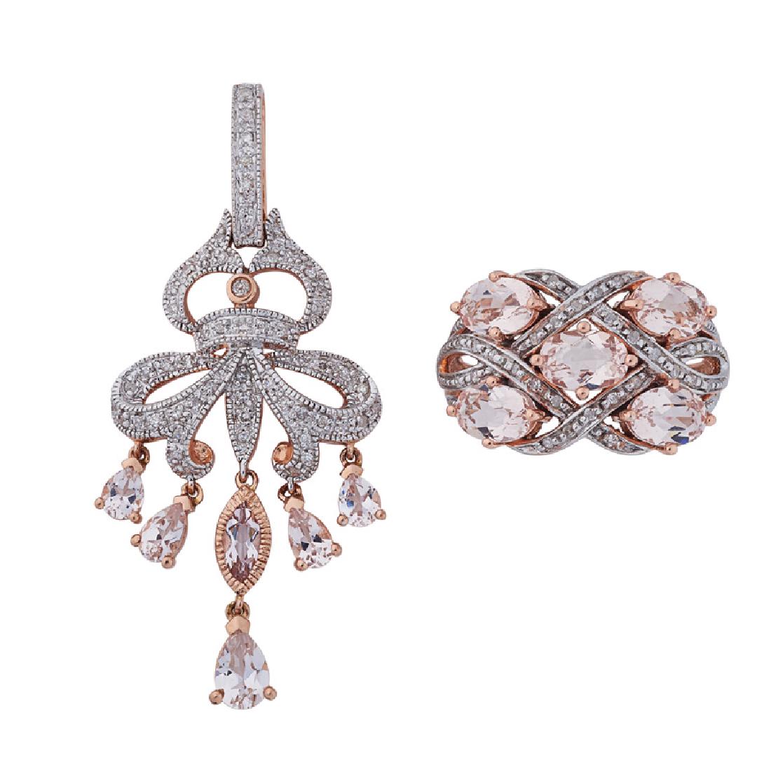 MORGANITE, DIAMOND & PINK GOLD RING & PENDANT: A 10k ring with five oval cut morganites set between lines of RBC diamond pave; A RBC diamond pave ribbon motif 14k pendant suspends pear or marquise cut morganite drops. Diamonds approx. .20 ct. TW t