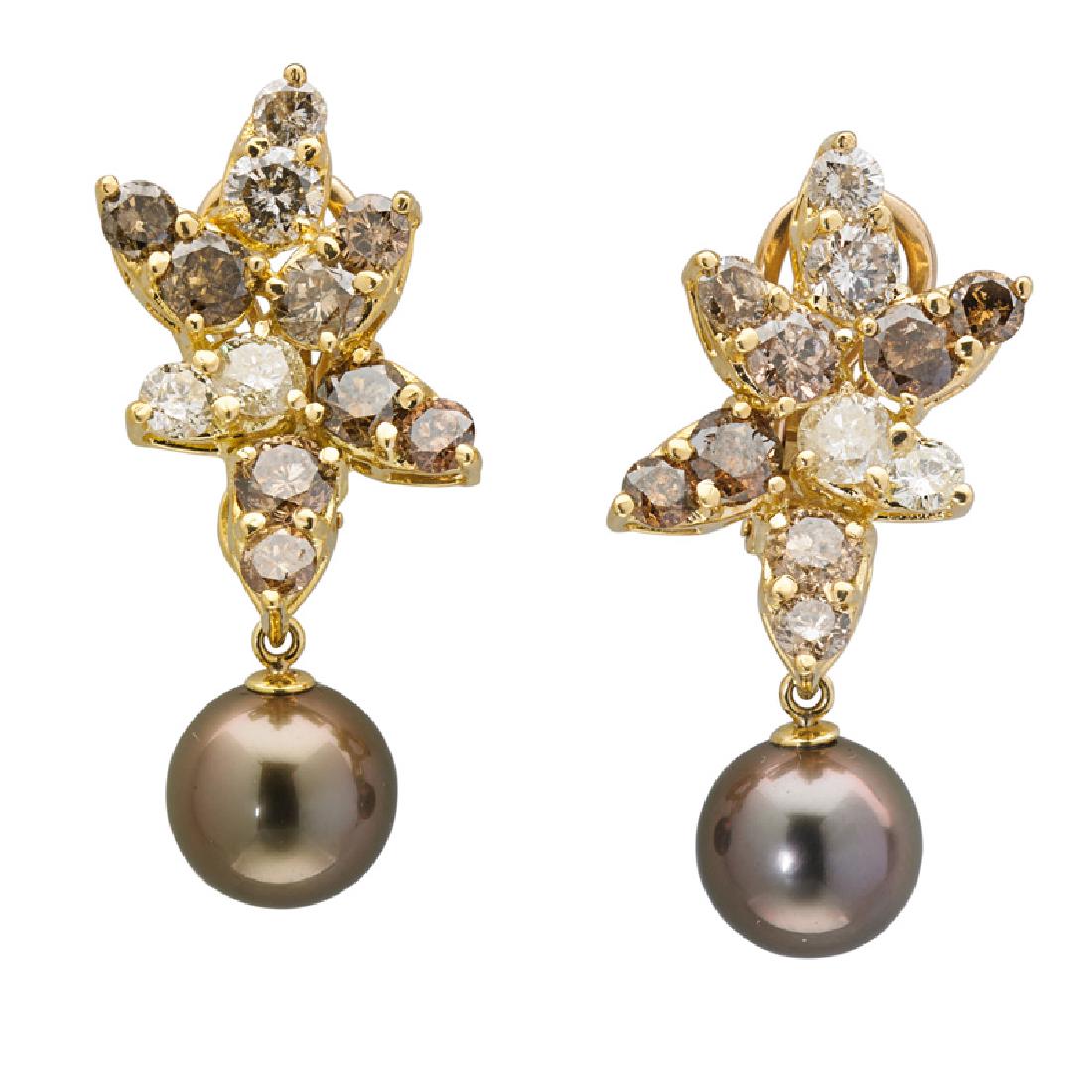 WHITE DIAMOND, PEARL & YELLOW GOLD EARRINGS: Each a starburst of white, gray or brown RBC diamonds, approx. 4.8 cts. TW throughout, with detachable Tahitian pearl drop, 10.1mm. 1 1/2". 8.7 dwt.