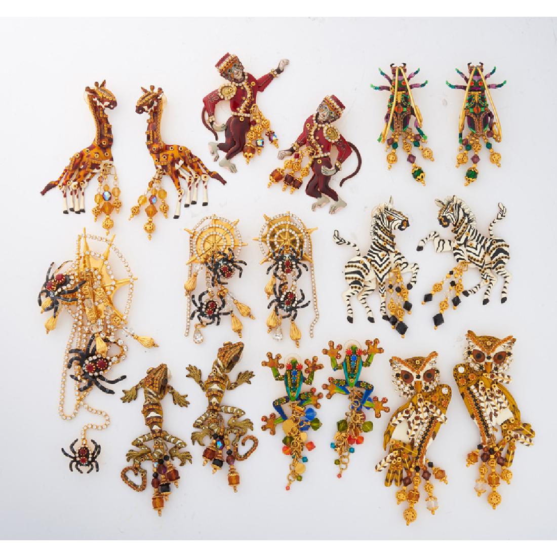 LUNCH AT THE RITZ EARRINGS ANIMAL MOTIF JEWELRY: The seven colorfully enameled pairs of articulated pendant earrings with rhinestone or bead accents, and one earrings and brooch suite, include zebra, giraffe, owl, bellhop monkey, gecko, tree frog, l