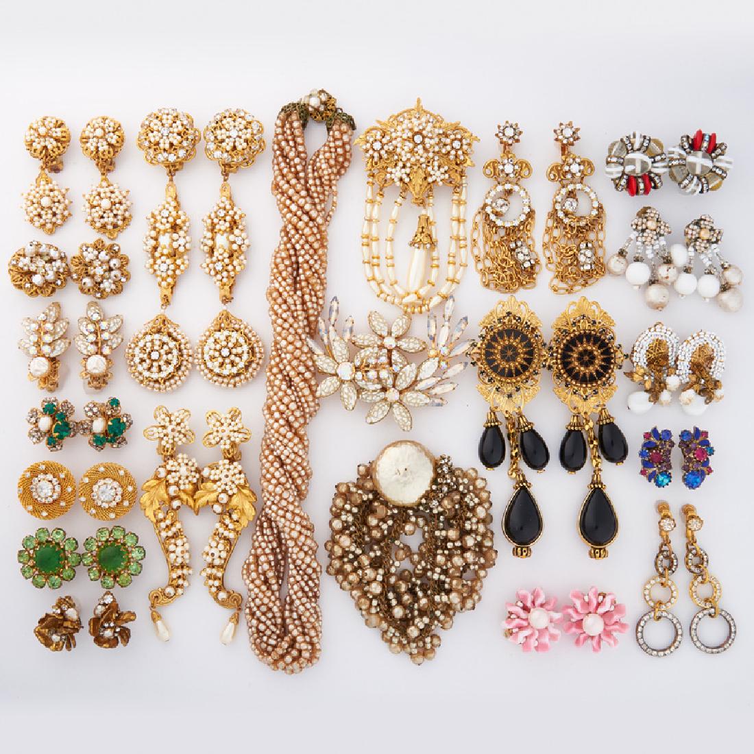 COLLECTION OF DESIGNER COSTUME JEWELRY: Comprising mostly earrings, by Miriam Haskell, Stanley Hagler N.Y.C., Demario, Robert, Weiss, Hobe, Beau Jewels, Napier, or Marvella. Pieces of note include a Miriam Haskell multi strand "pearl" fring