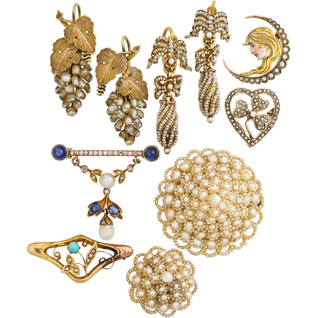 COLLECTION OF PEARL JEWELRY, INCL. GOLD: The ten pieces include strung seed pearl 18k. gold earrings; River pearl gold-filled grape cluster earrings; Art Nouveau enameled 14k gold woman moon brooch; An Art Nouveau 9k gold brooch with turquoi