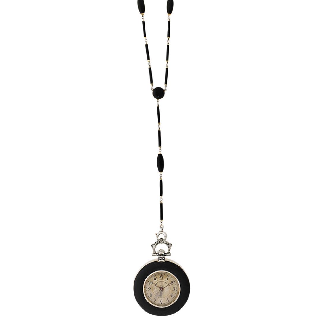 EDWARDIAN ENAMELED GOLD & DIAMOND PENDANT WATCH: The 30mm open-face watch with matte black enamel on 18k white gold, platinum and diamond bezel and bail by Whittnaur, case #2000077, dated 1914, matching chain. Longines movement calibre 10.85 N, #227