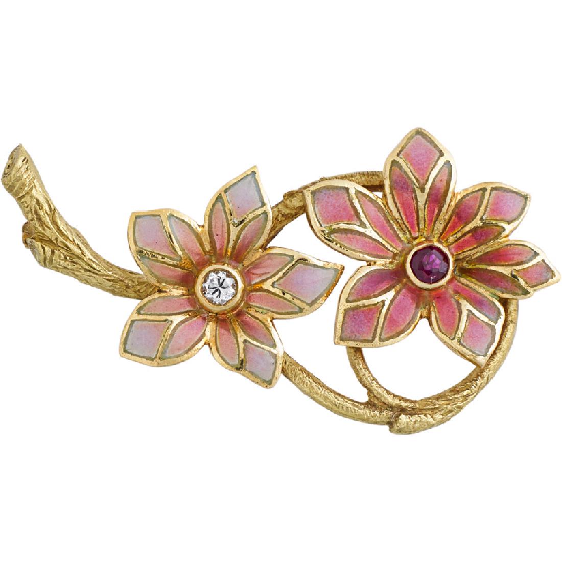 MASRIERA PLIQUE-A-JOUR ENAMELED FLOWER BROOCH: Designed as two translucent shaded pink enamel and yellow gold blossoms with RBC diamond, approx. .05 ct., or ruby center, on curling engraved gold vine. 18k. Stamped Masriera B5 A 2198 A. 3/4" x 1 1/