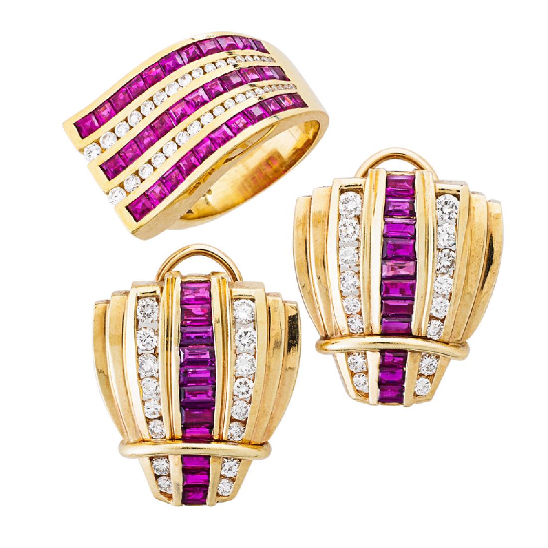 RUBY, DIAMOND & YELLOW GOLD JEWELRY, INCL. KRYPELL: A pair of 14k gold earrings and Charles Krypell 18k gold ring with lines of channel set calibre cut rubies and RBC diamonds, approx. .85 ct. TW throughout. 1", size 7 1/2. 19.5 dwt.