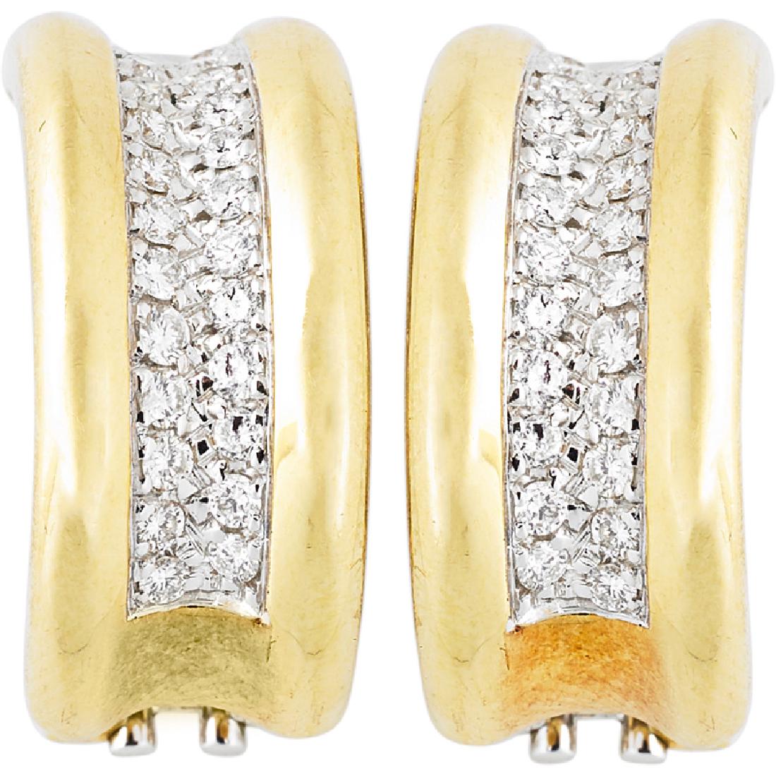 LEO PIZZO DIAMOND & YELLOW GOLD HUGGIE EARRINGS: Each a RBC diamond pave strap, approx. .95 ct. TW throughout, between two lines of bright gold. 18k. 7/8". 8.1 dwt.