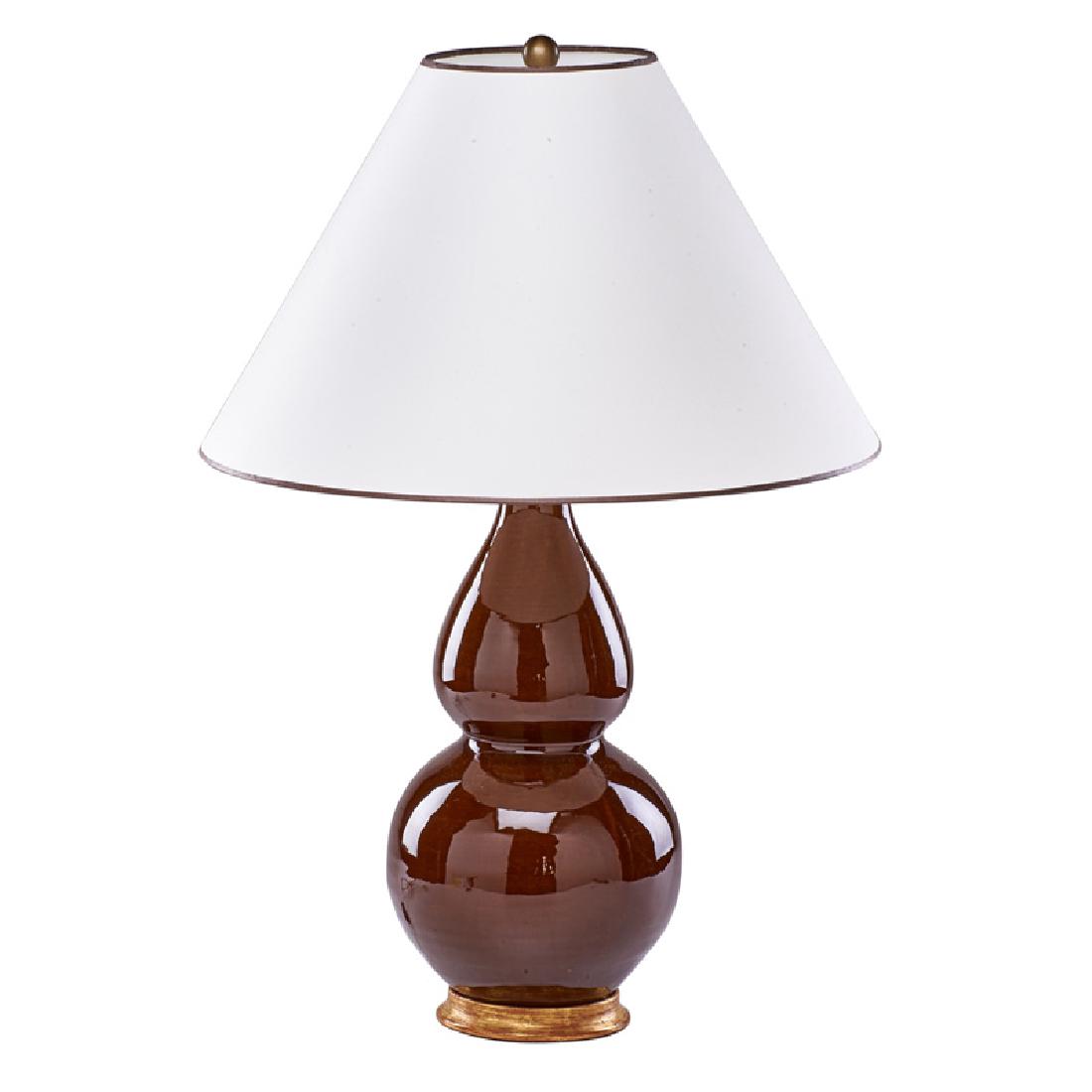 CHRISTOPHER SPITZ MILLER TABLE LAMP: Double gourd form with silk-trimmed shade, USA, ca.1990 30" x 19 1/2"