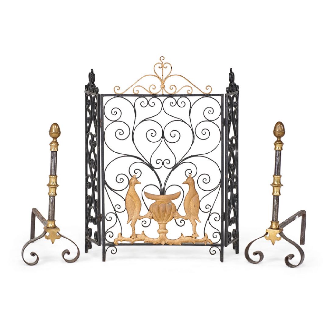 WROUGHT IRON FIREPLACE ACCESSORIES: Three: Firescreen and pair of andirons, 19th/20th c. Screen: 33 1/4"