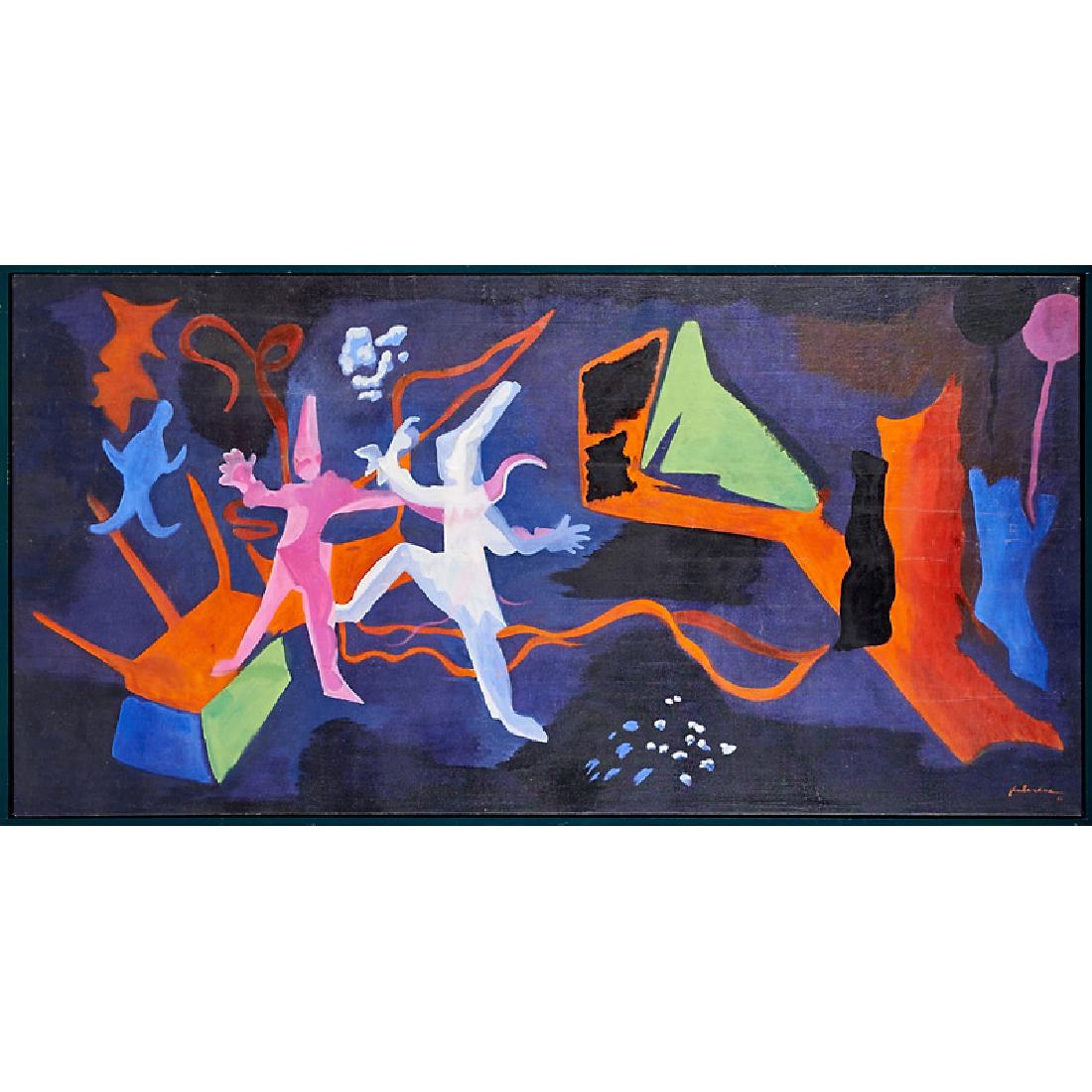 JANE BERLANDINA (American, 1898-1970): Untitled (dancing Pierrots), 1961 Oil on canvas (framed) Signed and dated 36" x 68"