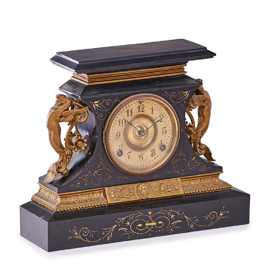 RENAISSANCE REVIVAL MANTEL CLOCK: With gilt bronze mountings, USA, late 19th c. 12 1/4" x 15" x4 3/4"