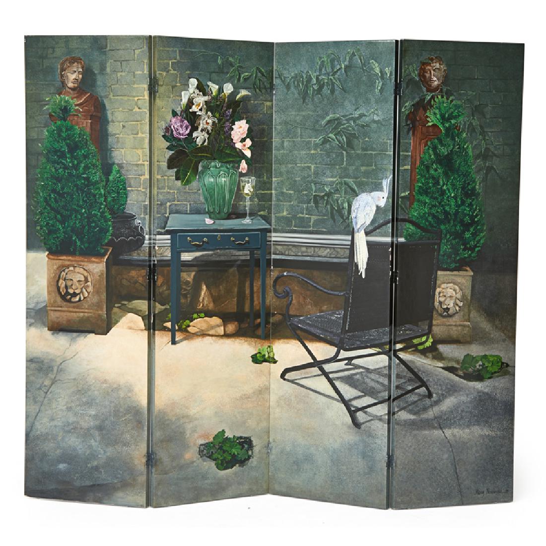 STYLE OF FORNASETTI FOUR-PANEL SCREEN: Signed Mary Nowinski, 1990 Each panel: 81" x 23 3/4"