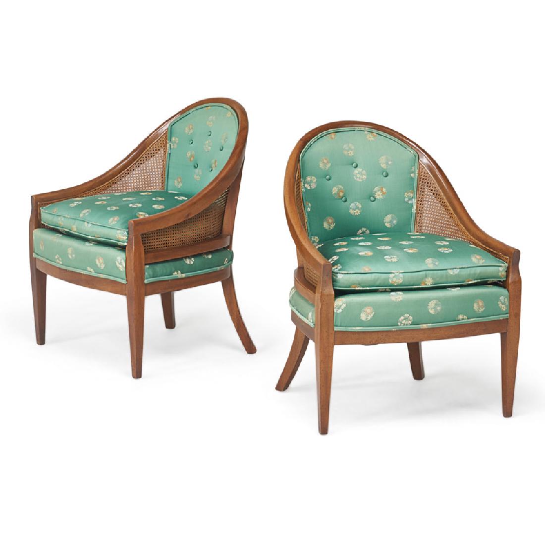 PAIR OF HARVEY PROBBER "GONDOLA" CHAIRS: Caned sides with upholstered back and loose cushion seat, USA, 1960s 32" x 24 1/2" x 26"