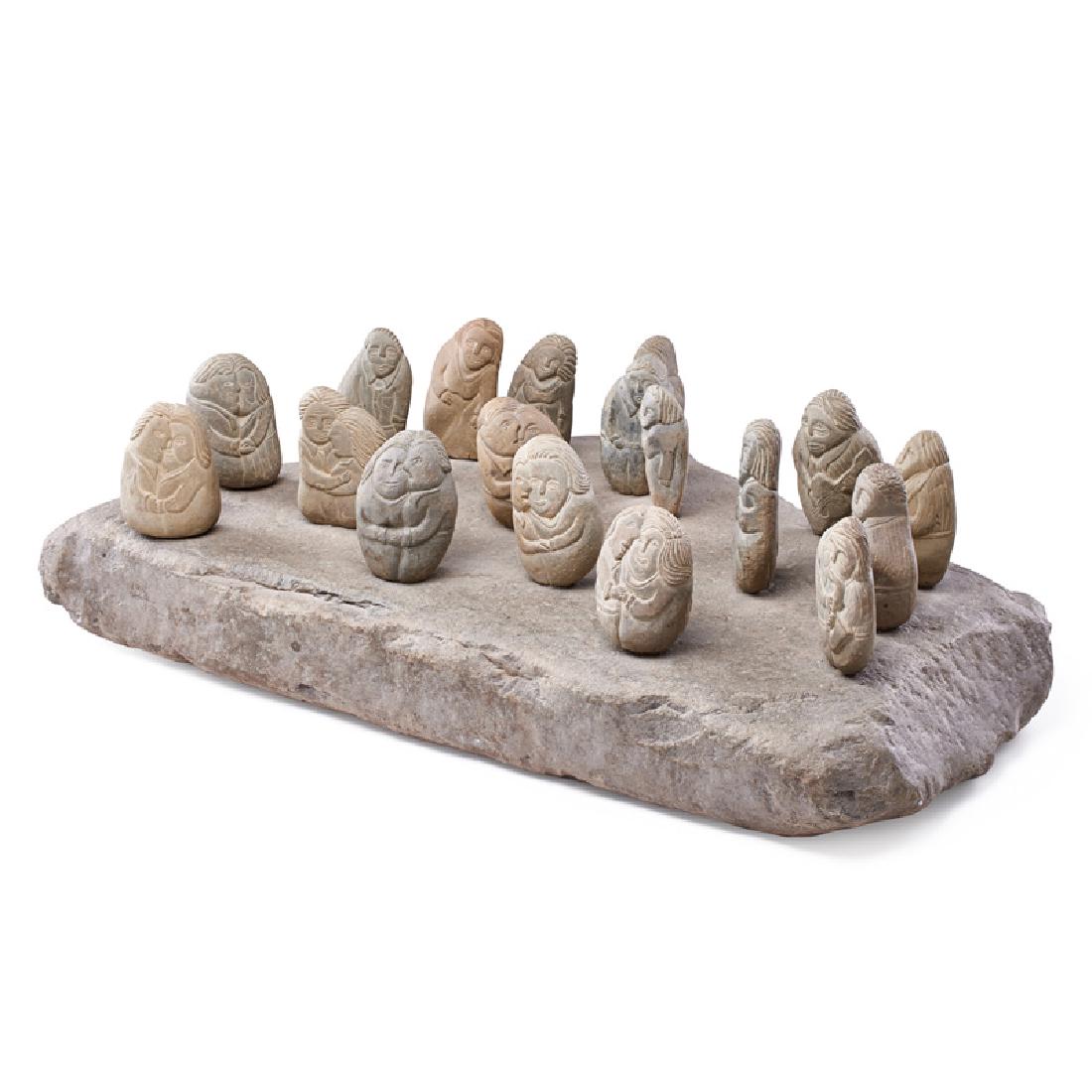 DAVID GEORGE MARSHALL (American, b. 1936): The Dance", musicians, dancers, wallflowers in carved creekstone, affixed to stone base 7" x 26" x 16