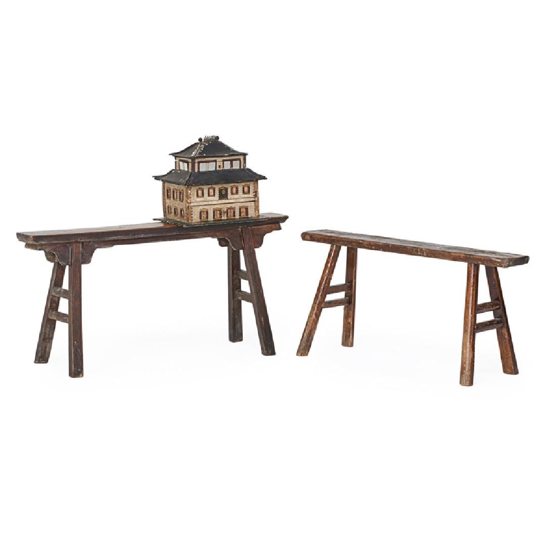 PAIR OF CHINESE BENCHES, ETC.: Along with a house-form tea caddy, all in wood Benches 19 1/2" x 41" x 12", caddy: 12 1/2" x 14" x 10 1/2"
